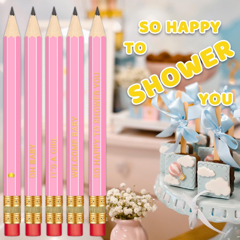 Vusnud 50Pcs - Baby Shower Sharpened Half Pencils with Erasers, Pre-Sharpened Design, 4 Inches, Pink - Image 4